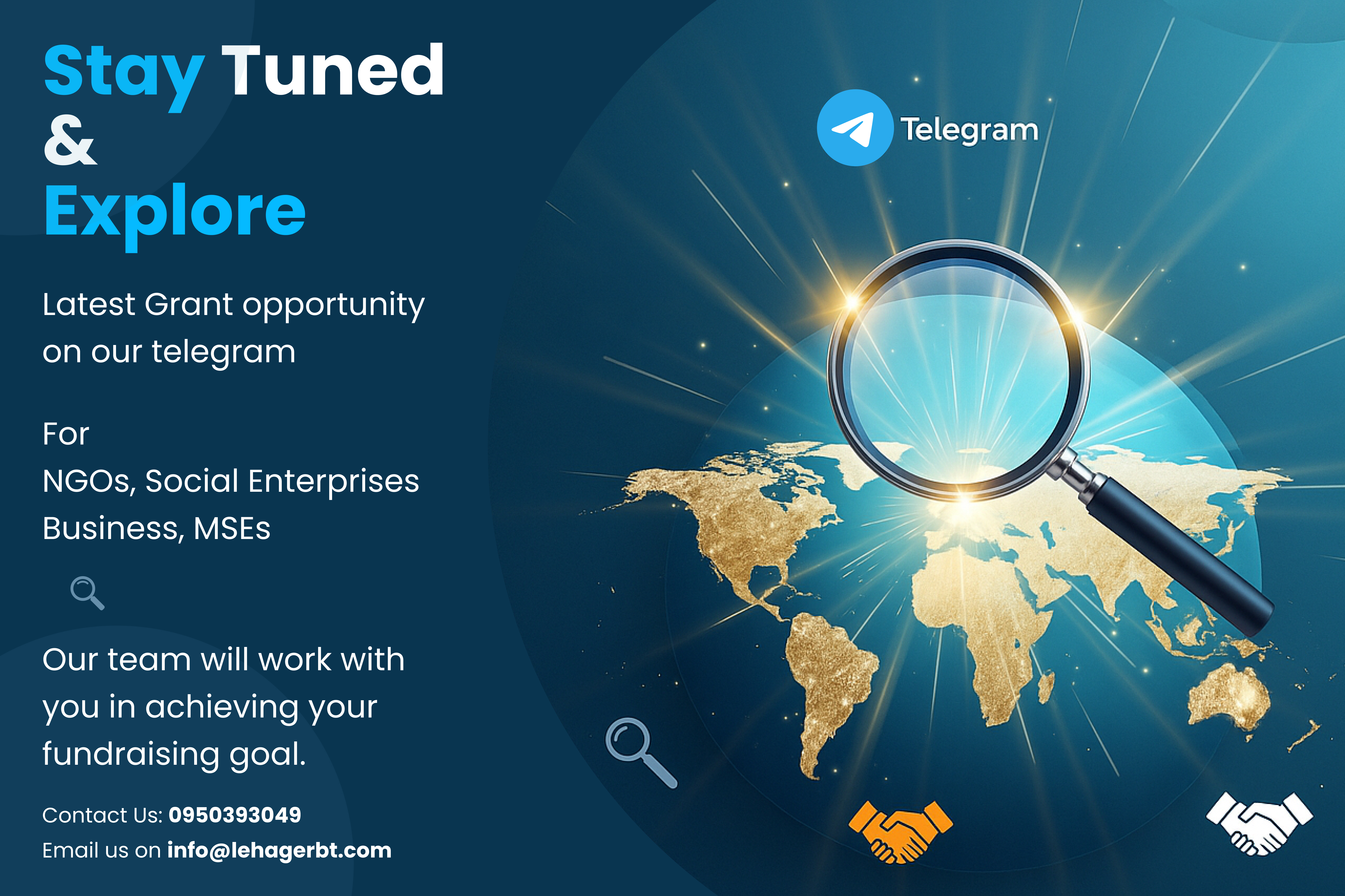 Promotional graphic from Le’hager Consulting encouraging users to stay tuned and explore the latest grant opportunities on their Telegram channel.